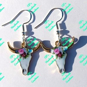 Floral Cow Skull Earrings